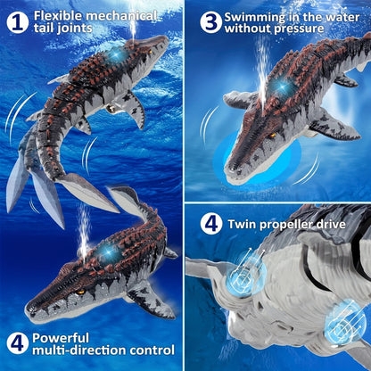 Mosasaur Dinosaur Toy, Upgraded Remote Control Water/Pool Toy, Remote Control Dinosaur with Light and Water Spray, Rechargeable, Suitable for Swimming, Bathing, Lake, Ocean, Christmas, Christmas Gift, Playful Design, Durable