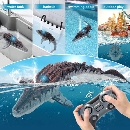 Mosasaur Dinosaur Toy, Upgraded Remote Control Water/Pool Toy, Remote Control Dinosaur with Light and Water Spray, Rechargeable, Suitable for Swimming, Bathing, Lake, Ocean, Christmas, Christmas Gift, Playful Design, Durable