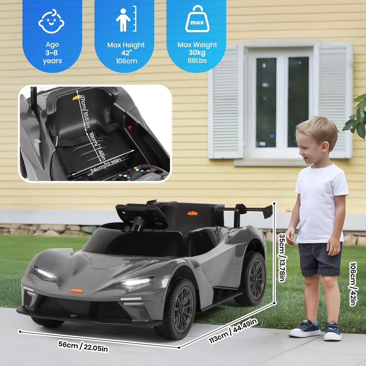 KTM Licensed Kids Electric Ride on Car Aged 3-6, 12V Battery Powered Electric Toy Car with Remote Control, Butterfly Doors
