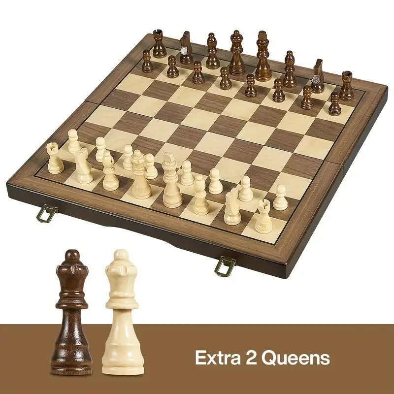 39.3cm/15.47inch magnetic wooden chess set with 2 additional queens, folding portable travel board, suitable for tournament