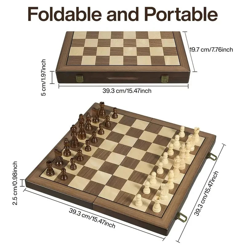 39.3cm/15.47inch magnetic wooden chess set with 2 additional queens, folding portable travel board, suitable for tournament
