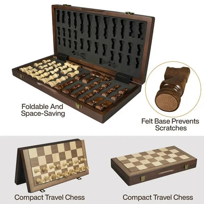 39.3cm/15.47inch magnetic wooden chess set with 2 additional queens, folding portable travel board, suitable for tournament