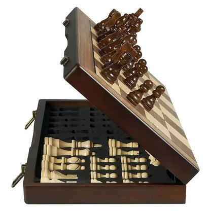 39.3cm/15.47inch magnetic wooden chess set with 2 additional queens, folding portable travel board, suitable for tournament
