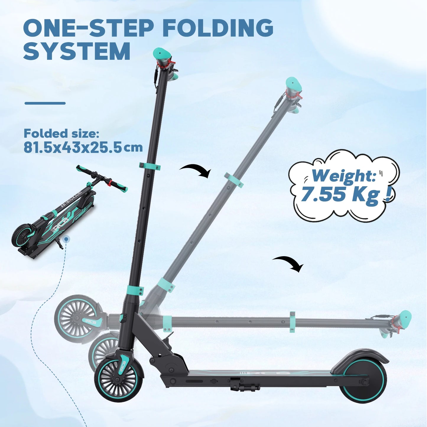 RCB Electric Scooter for Children Aged 8-12-16 Years, Only 7.55KG Foldable Electric Scooters, Two Types of Braking, Max 16 Km