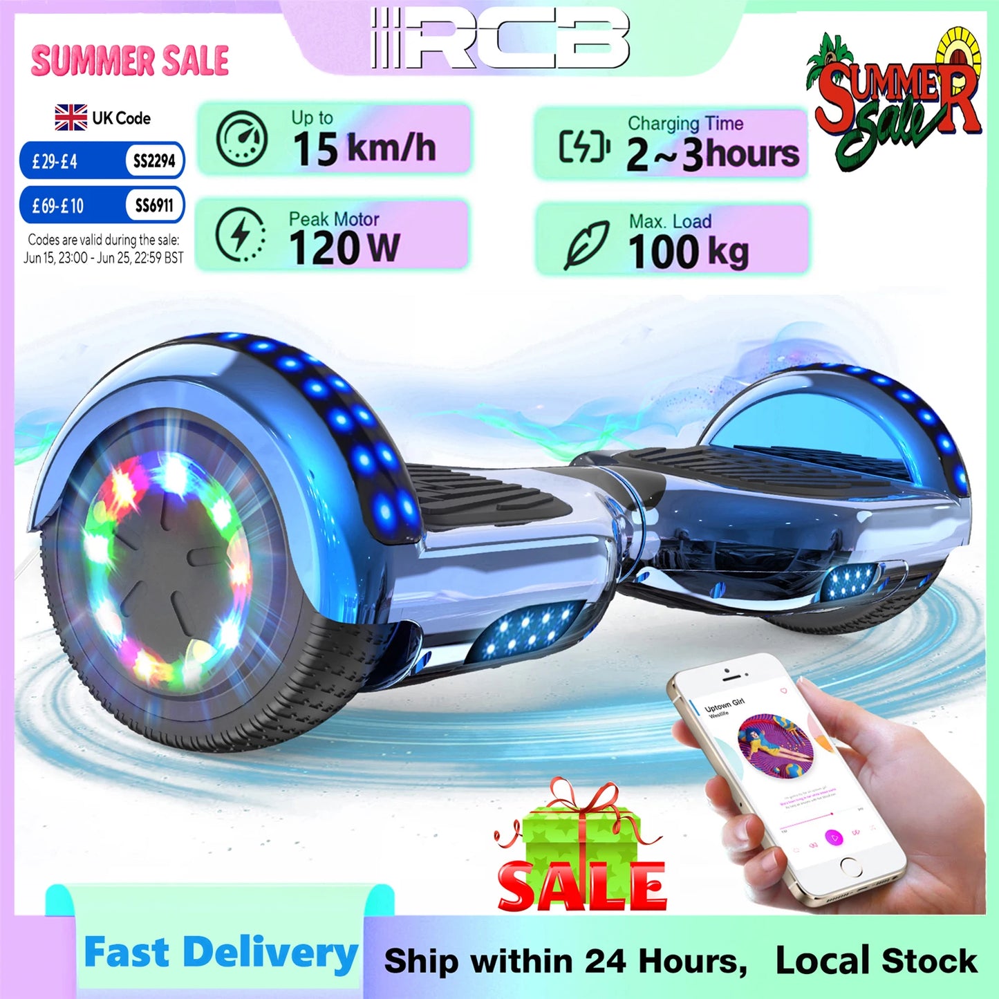 RCB Hoverboards for kids, 6.5 Inch Two-Wheel Self Balancing Electric Scooter with Bluetooth Speaker, LED Lights, Great Gift