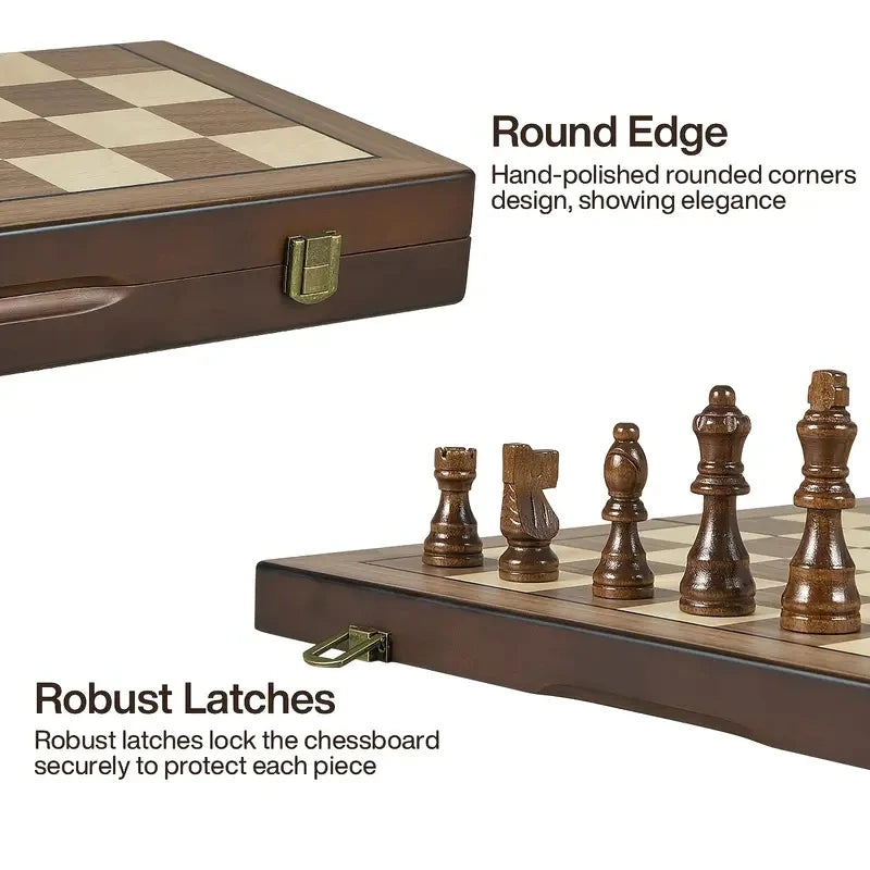 39.3cm/15.47inch magnetic wooden chess set with 2 additional queens, folding portable travel board, suitable for tournament